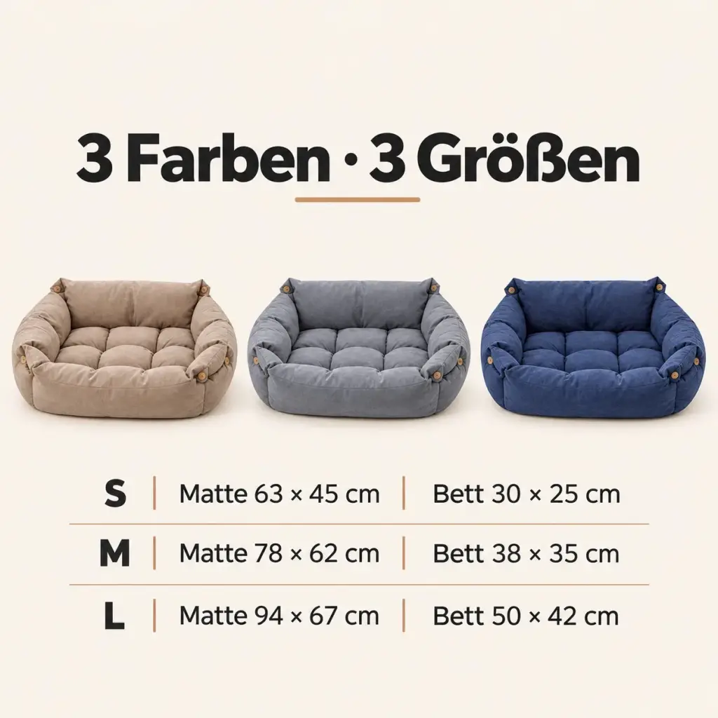 Hundecouch in Taupe, Grau und Marine mit Größentabelle