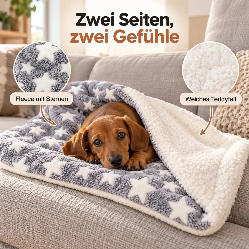 Wendbare Hundedecke: Fleece mit Sternen und weißes Teddyfell