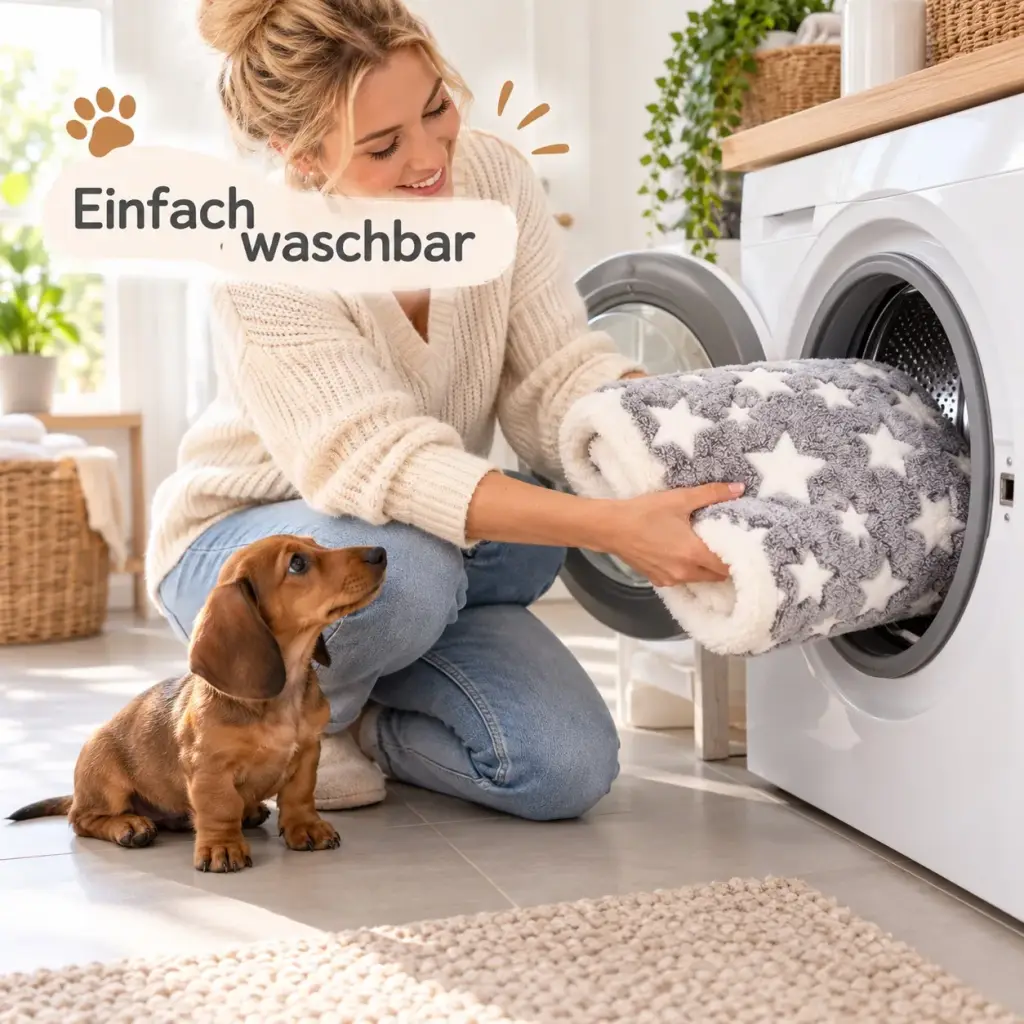 Hundedecke wird in die Waschmaschine gelegt