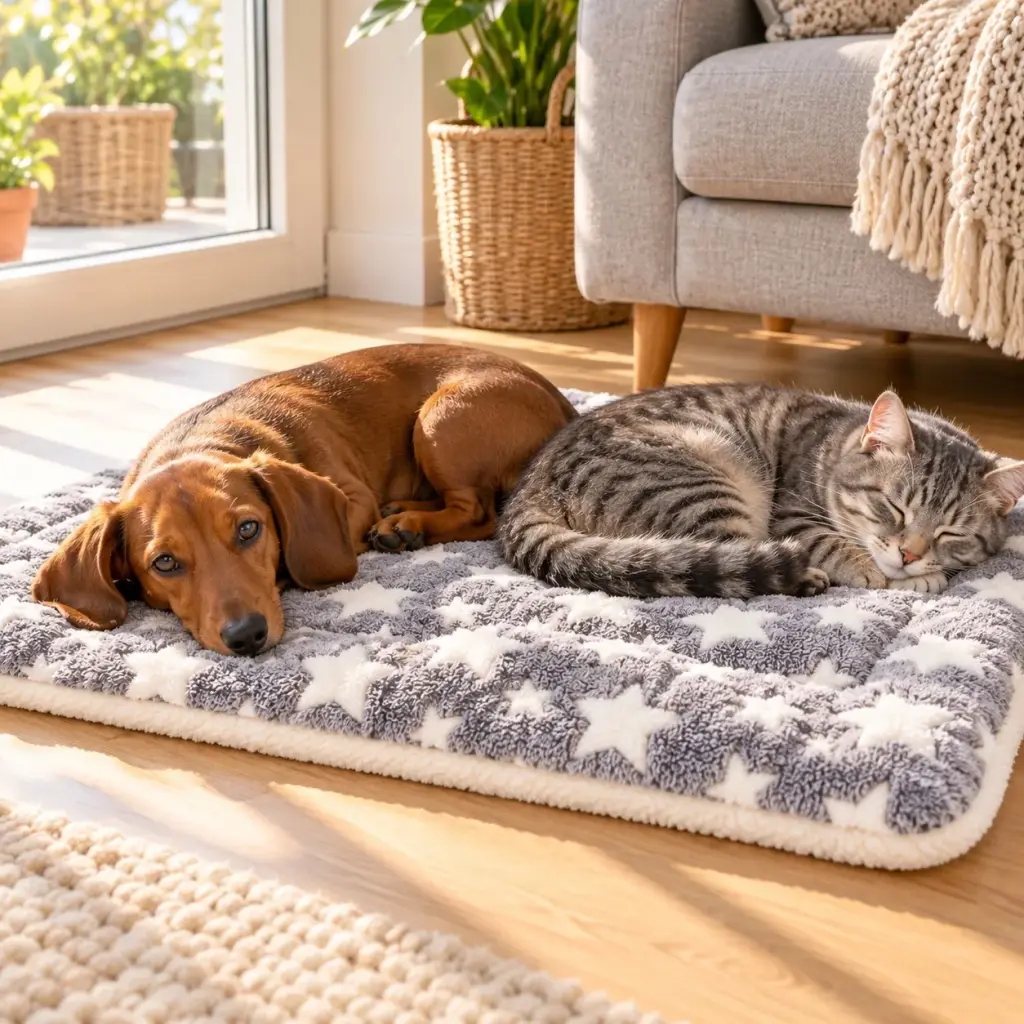 Dackel und Katze liegen gemeinsam auf der Decke