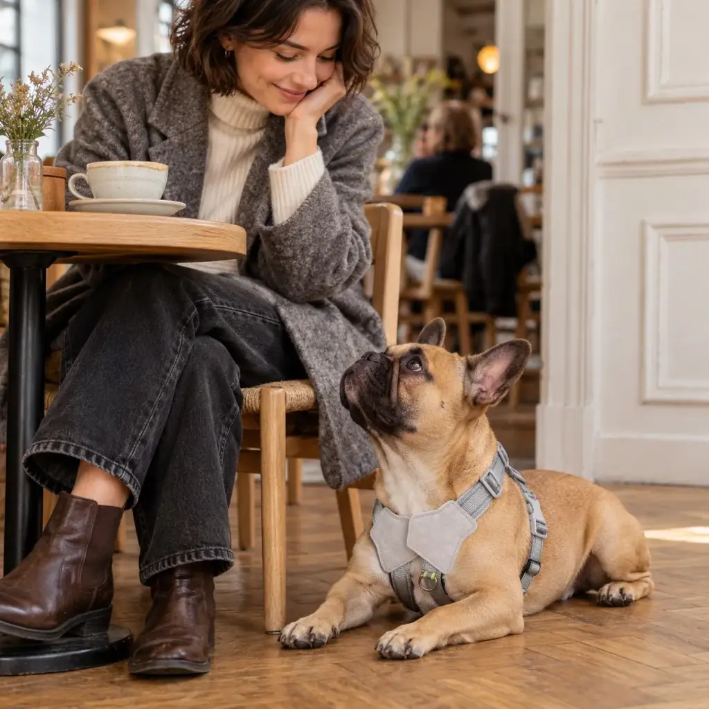 Französische Bulldogge im grauen Geschirr liegt unter einem Cafétisch neben ihrer Besitzerin