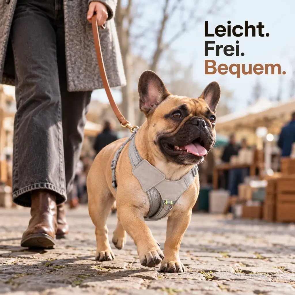 Kleiner Hund läuft im leichten Y-Geschirr über ein Kopfsteinpflaster