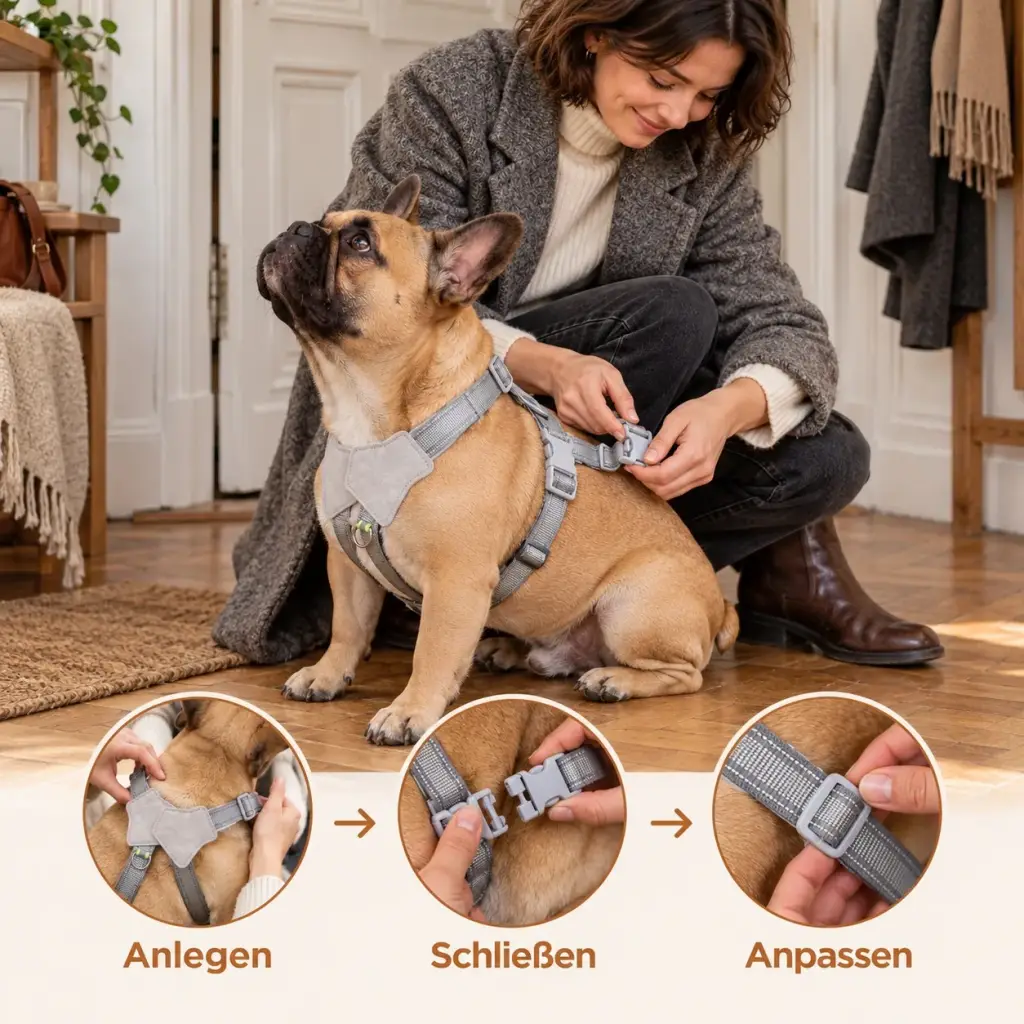 Frau schließt die Schnalle des Geschirrs an ihrer Französischen Bulldogge