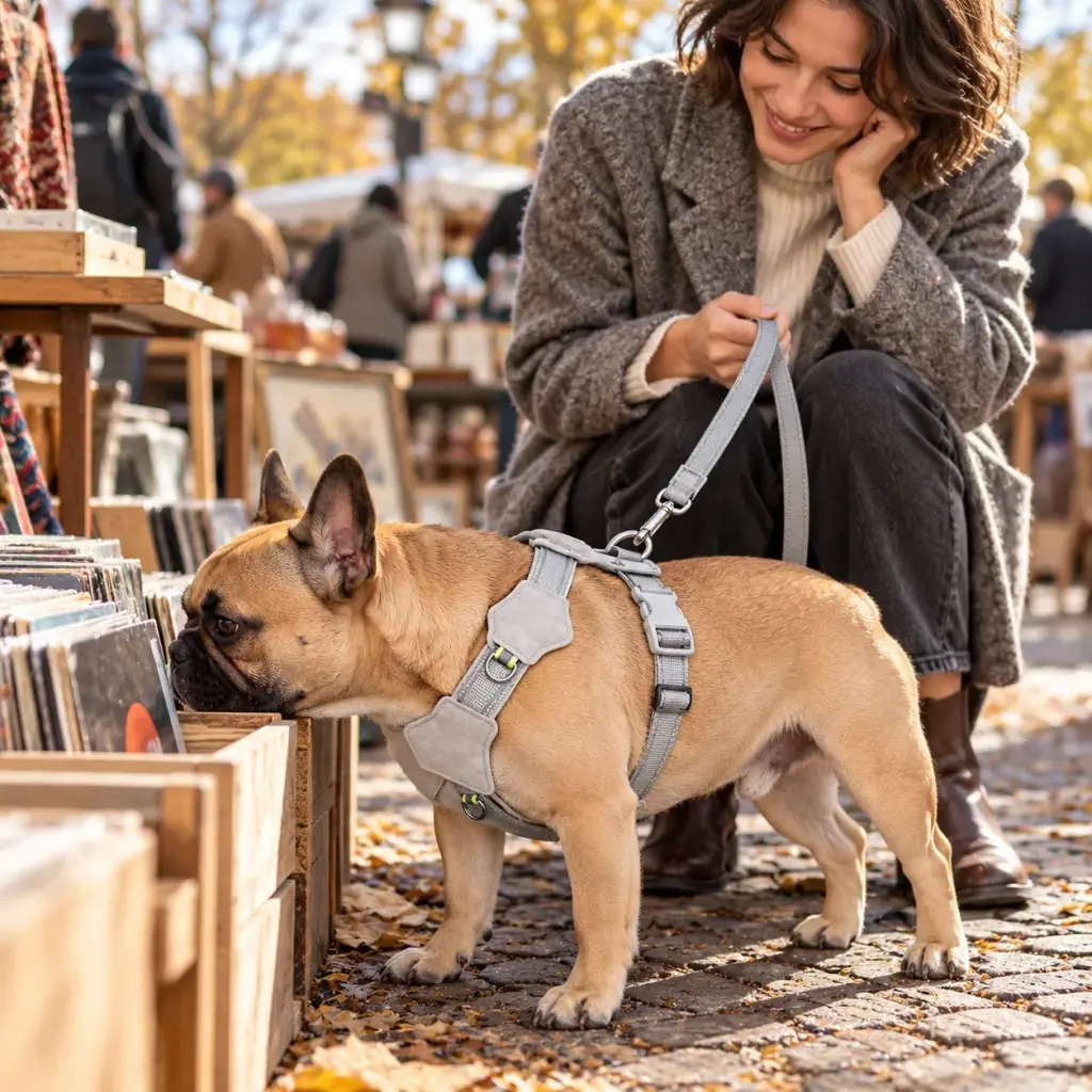 Französische Bulldogge im grauen Geschirr auf dem Flohmarkt in Berlin