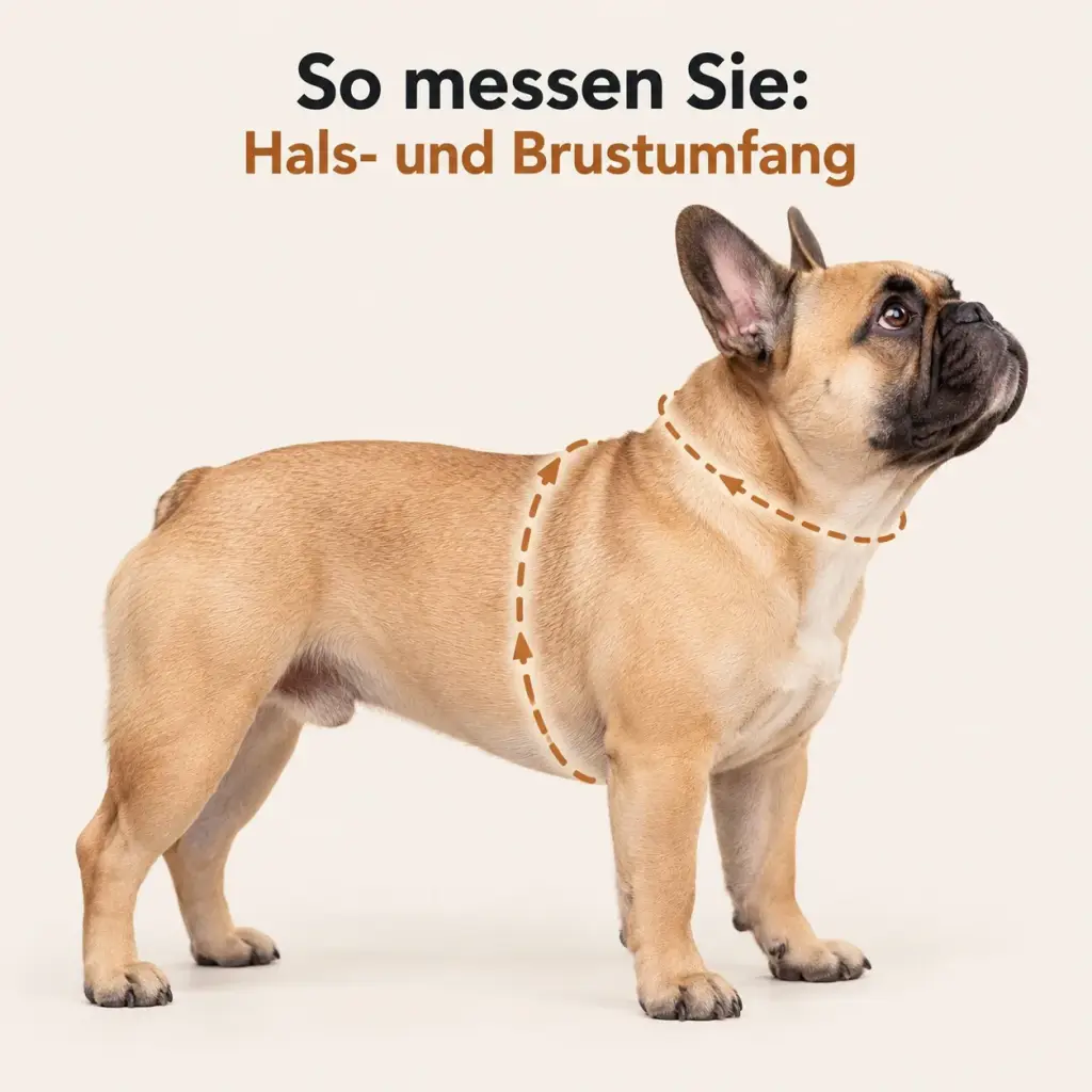 Maßband an Brust und Hals einer Französischen Bulldogge zur Größenbestimmung