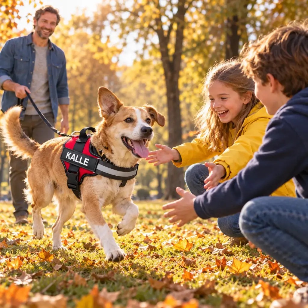 Mischlingshund im roten Hundegeschirr mit Namenspatch spielt mit Kindern im Park