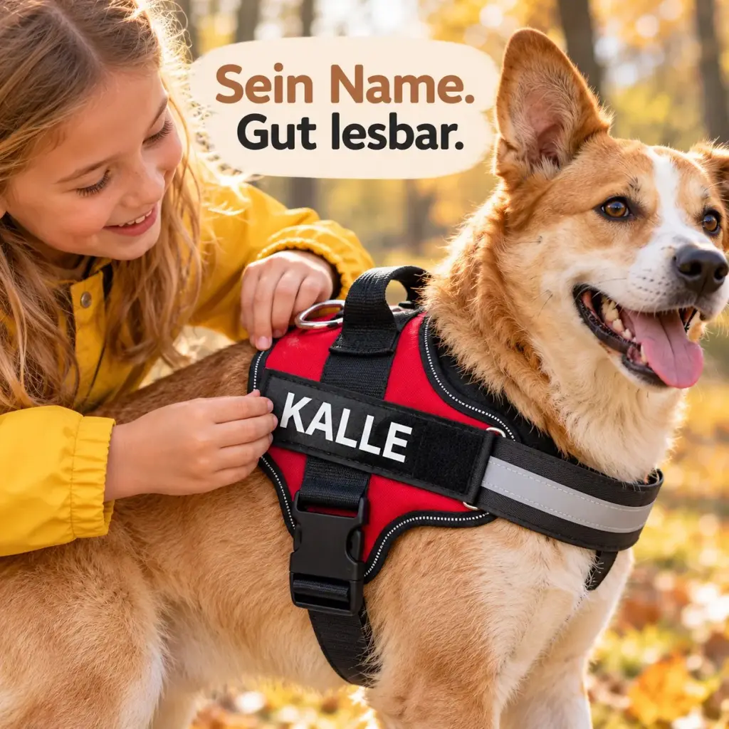 Hand drückt den Klett-Namenspatch auf das Hundegeschirr