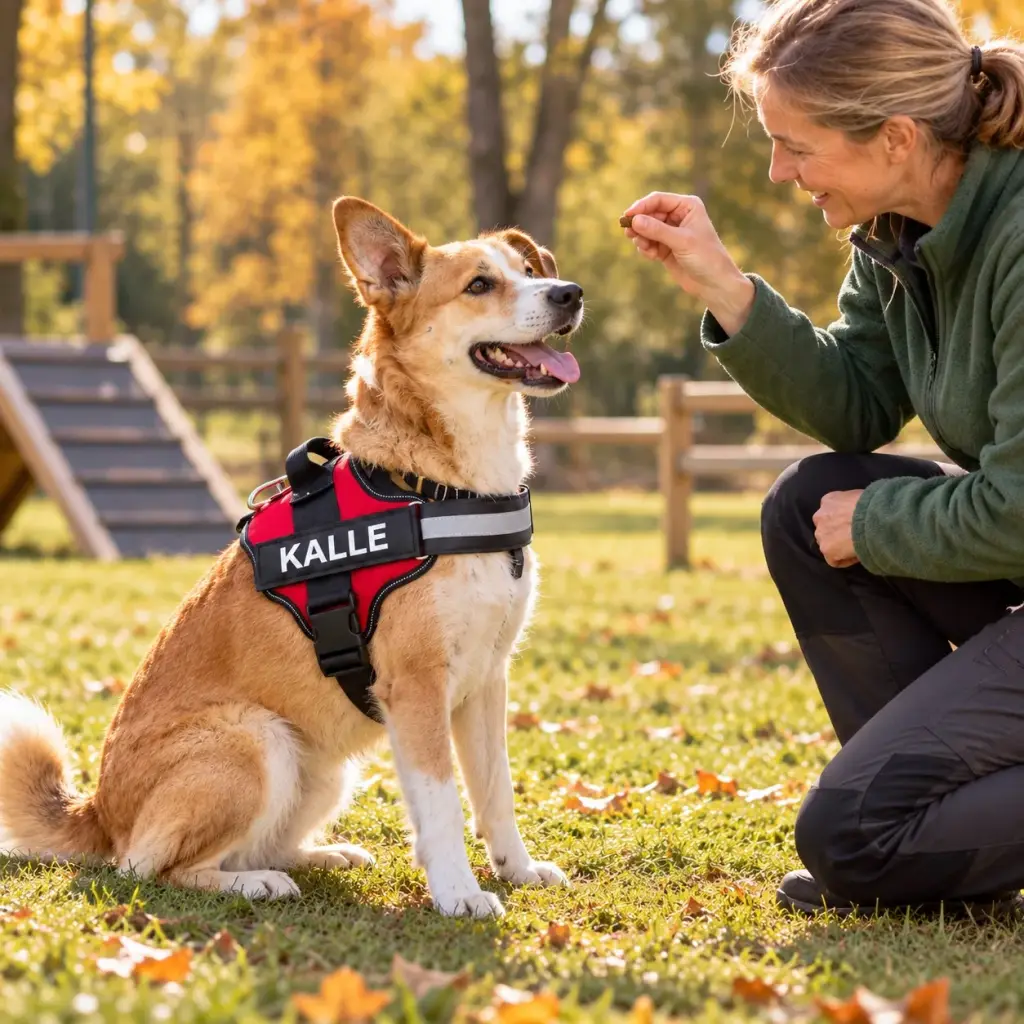 Hund mit Namensgeschirr sitzt aufmerksam in der Hundeschule