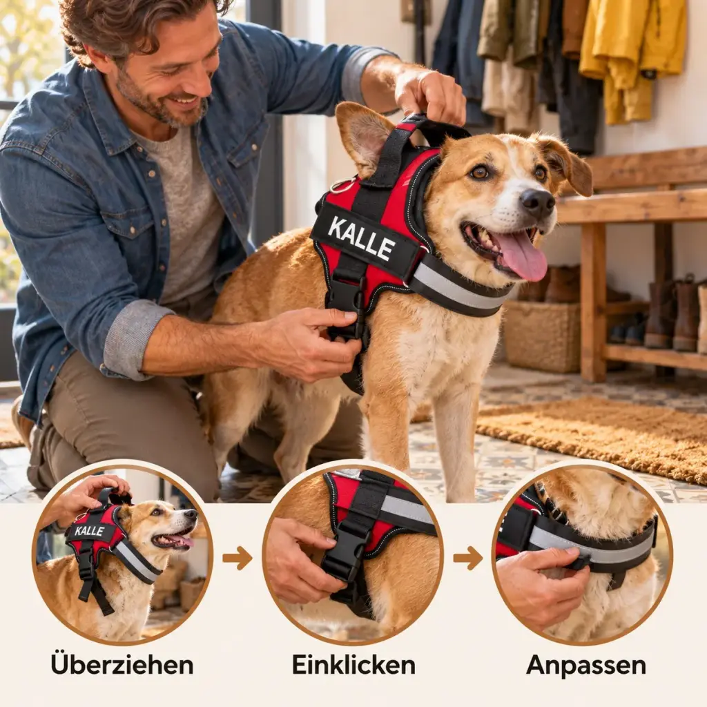Vater zieht seinem Hund das Geschirr über den Kopf und schließt den Bauchgurt