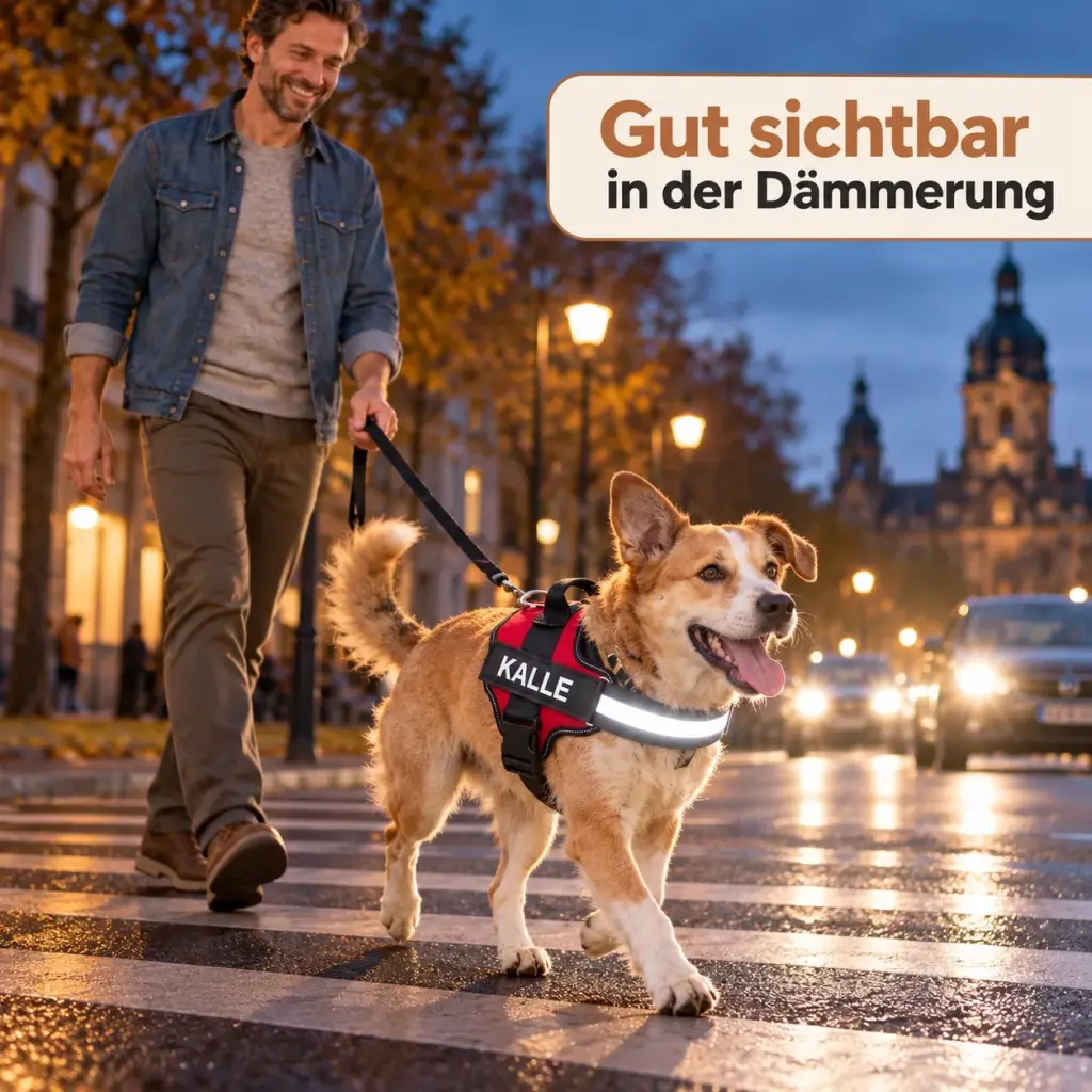 Reflektierender Brustgurt des Hundegeschirrs leuchtet in der Abenddämmerung