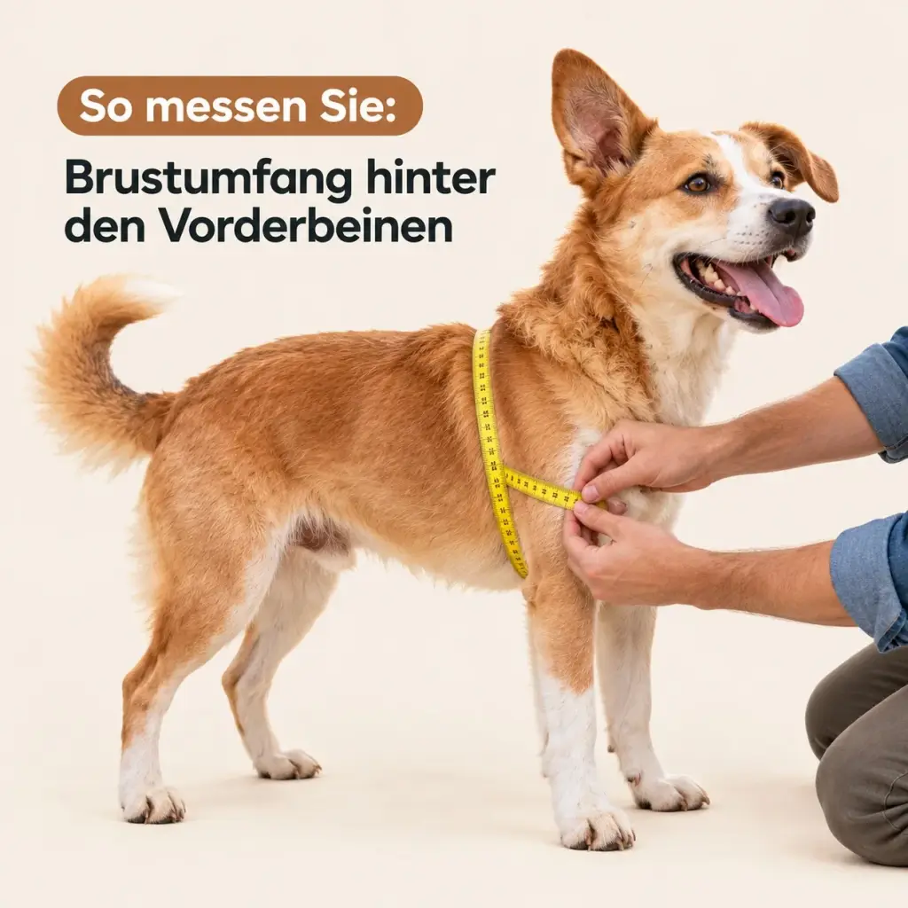 Maßband um den Brustumfang eines Hundes zur Größenbestimmung