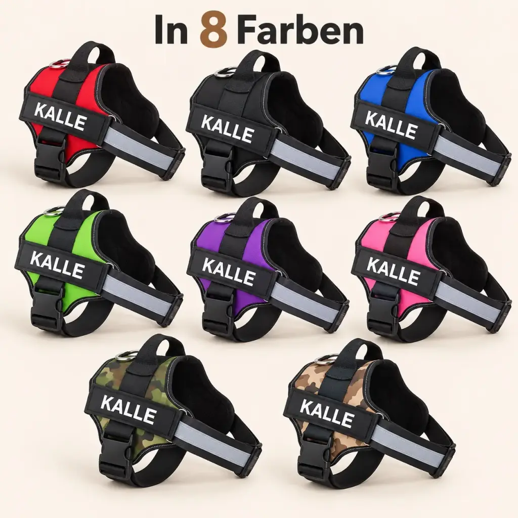 Hundegeschirre mit Namenspatch in verschiedenen Farben nebeneinander