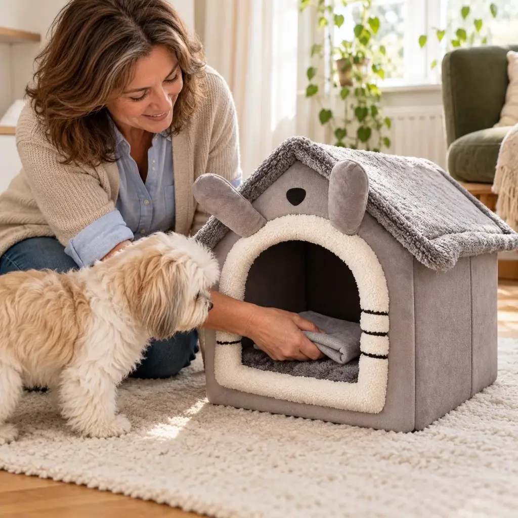 Frau legt das Kissen in das Hundehaus, ihr Hund schaut zu