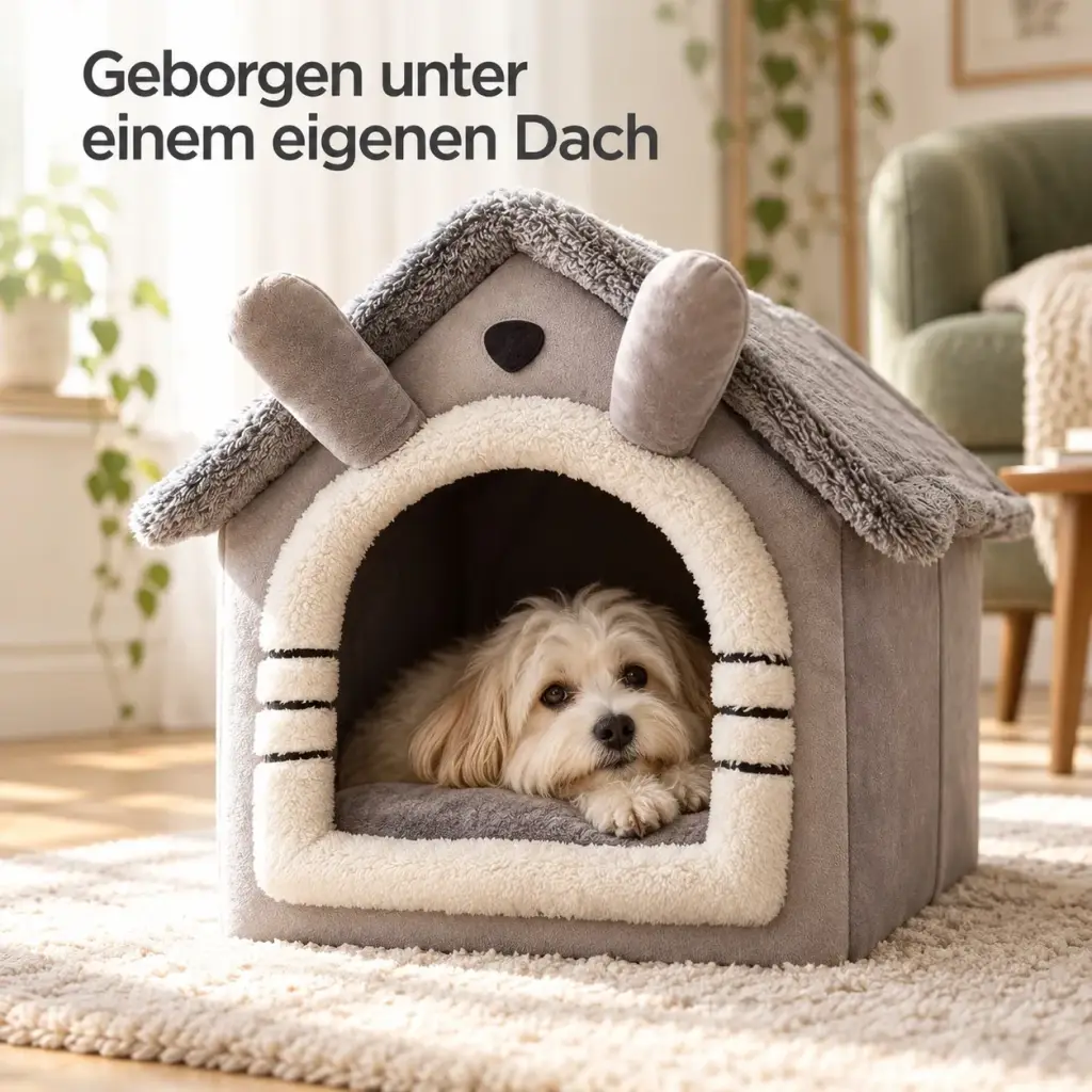 Kleiner Hund liegt geborgen im Haus und beobachtet das Zimmer