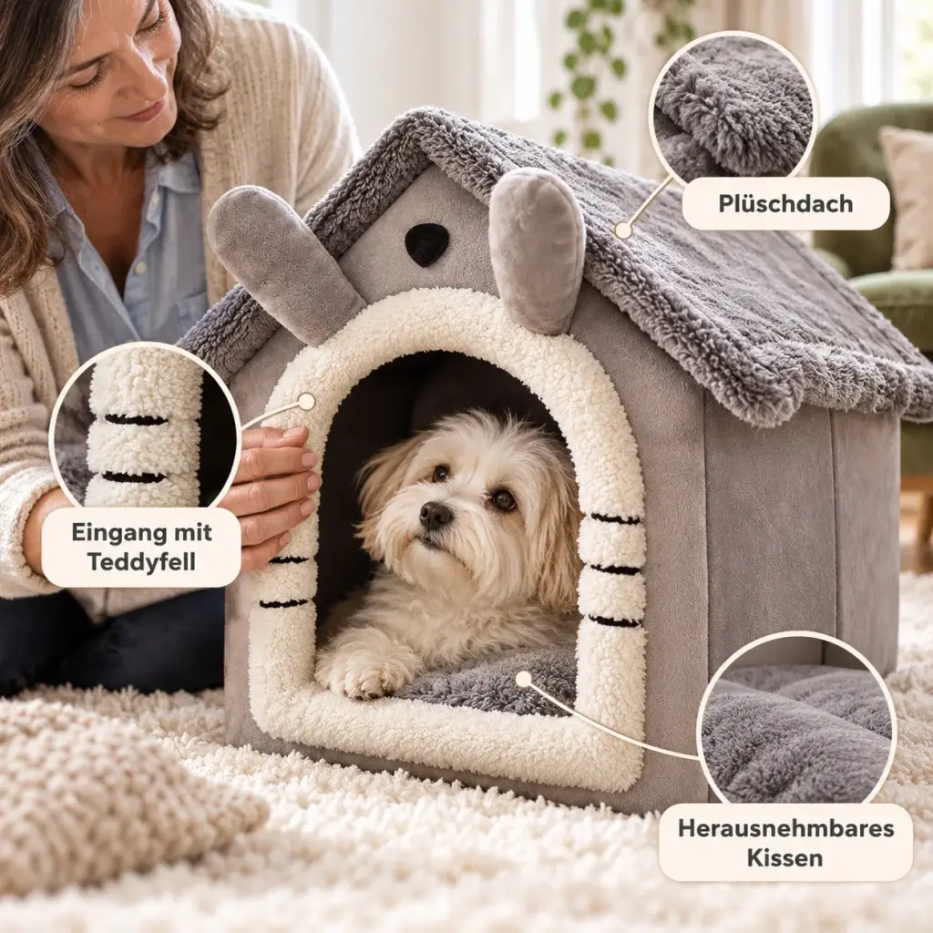 Plüschdach und Teddyfell-Eingang der Hundehöhle im Detail