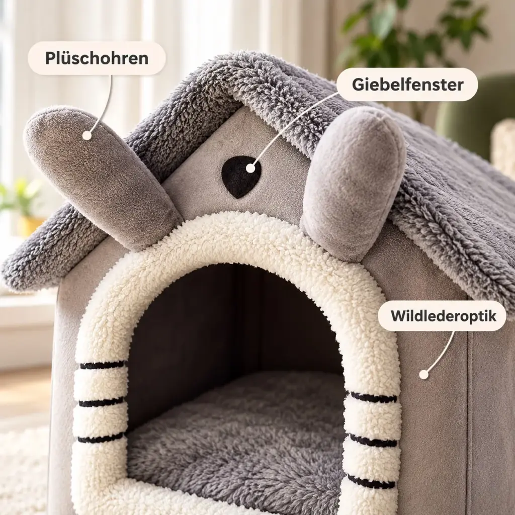 Details des Hundehauses: Ohren, Giebelfenster, Wildlederoptik