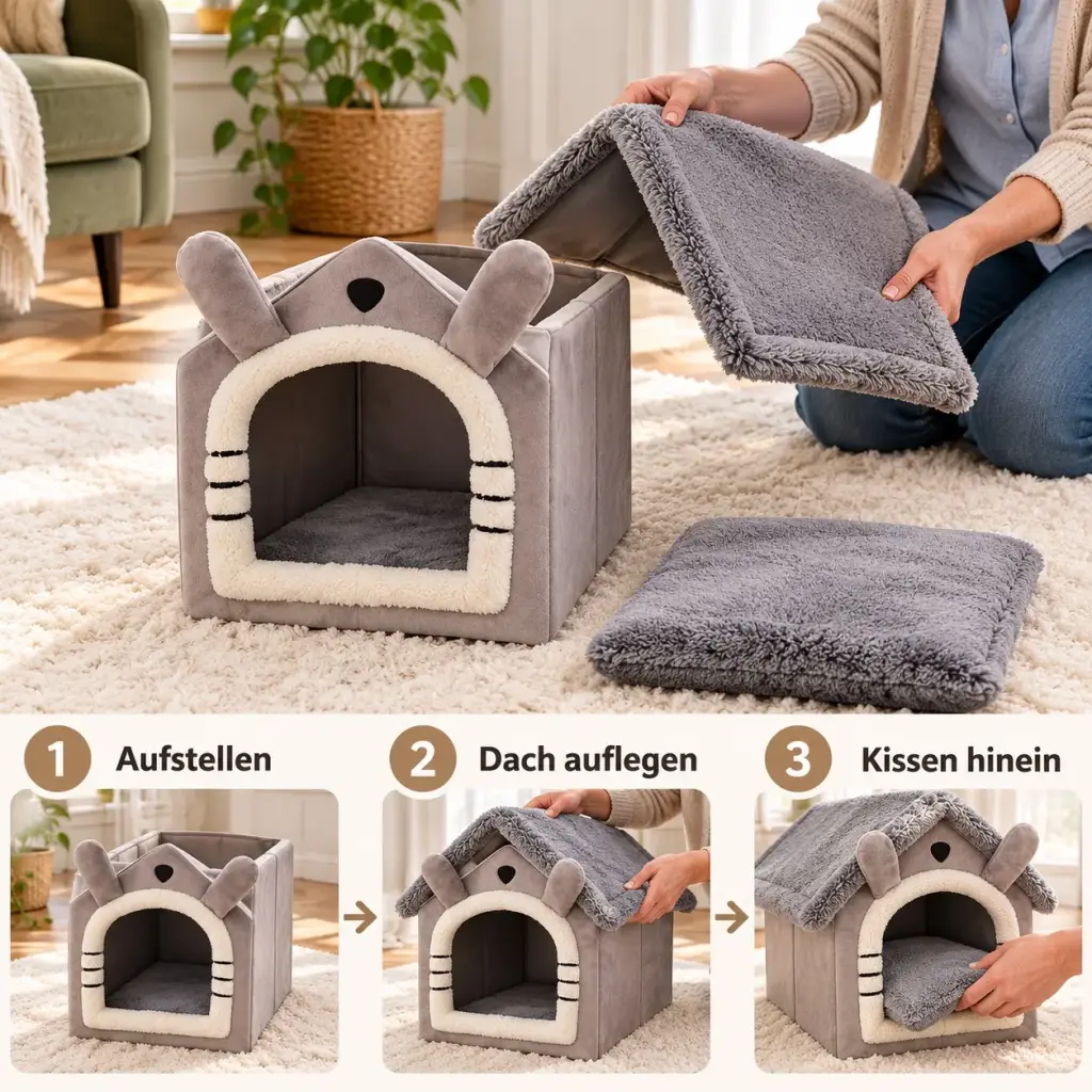 Hundehaus aufstellen, Dachauflage und Kissen einlegen