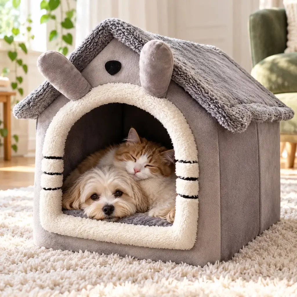 Katze und kleiner Hund teilen sich das Hundehaus