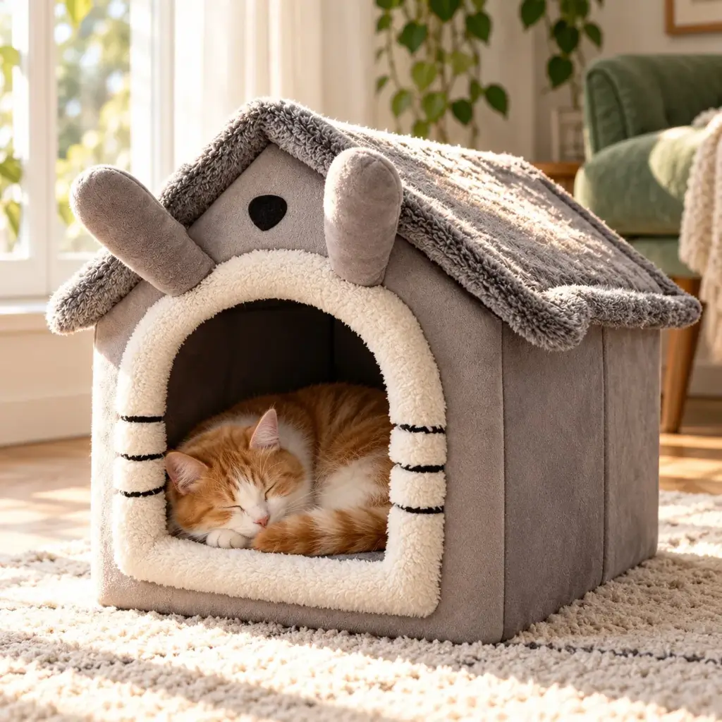 Katze schläft mittags im Hundehaus