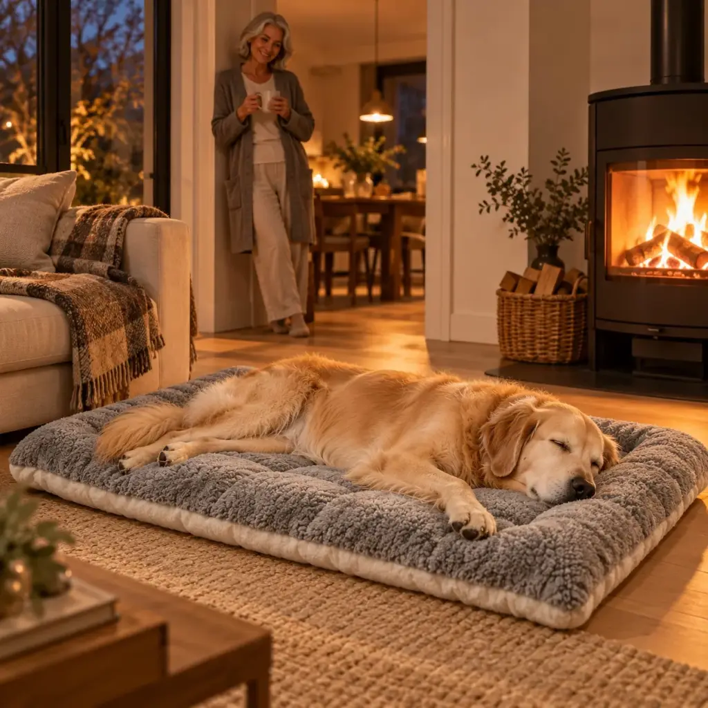 Alter Golden Retriever liegt ausgestreckt auf dem großen Hundekissen im Wohnzimmer