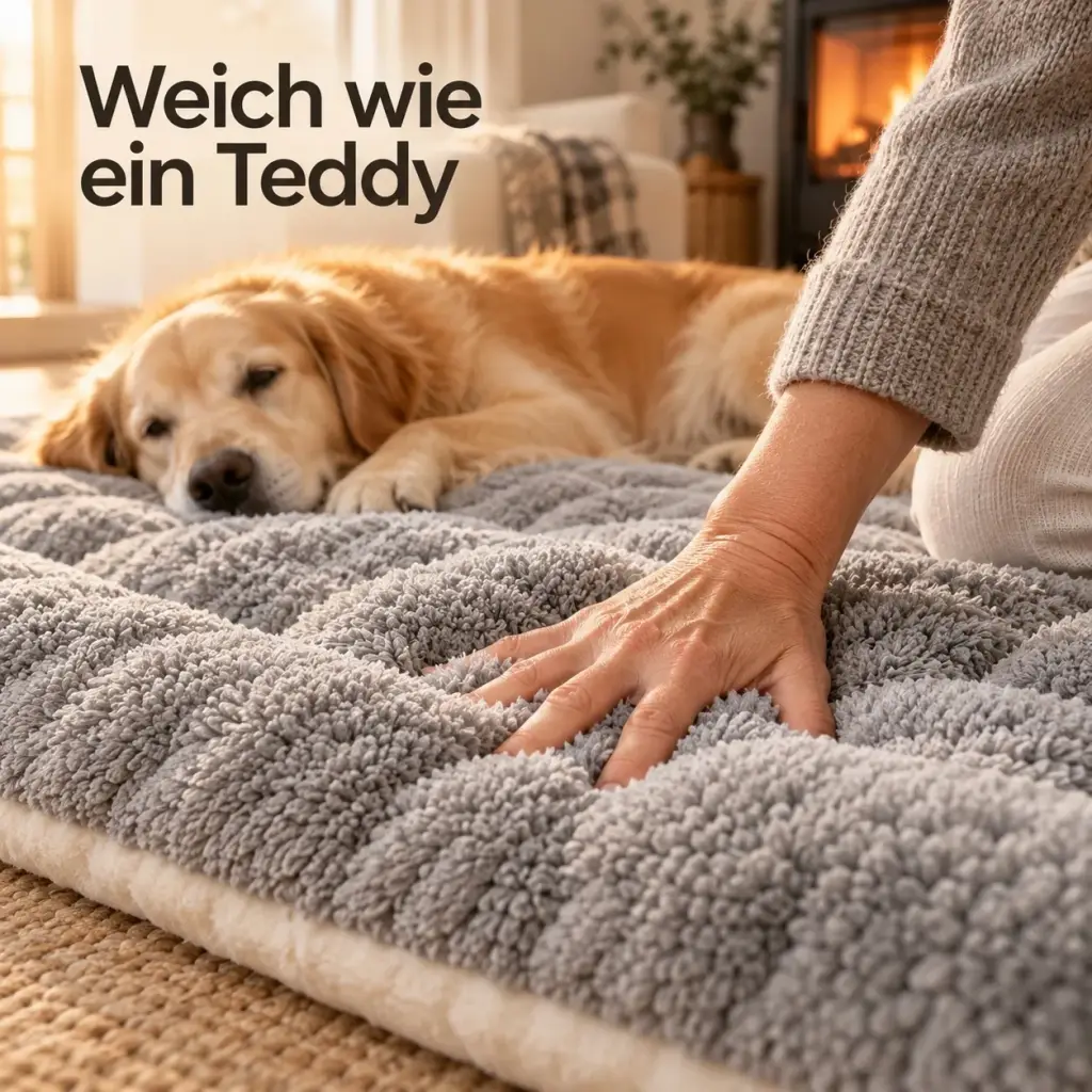 Hand gleitet durch den flauschigen Langflor des Hundekissens