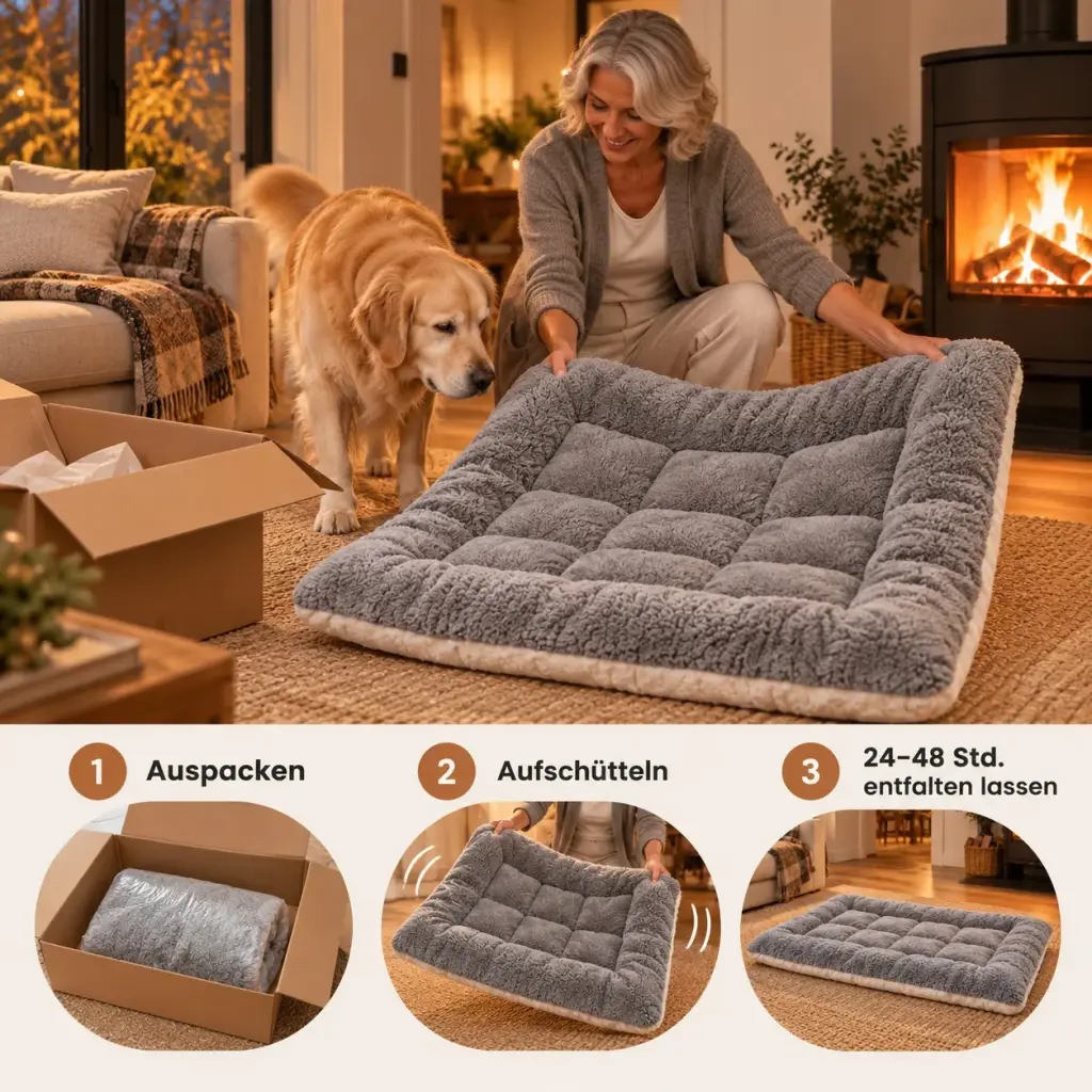 Hundekissen wird ausgepackt und aufgeschüttelt