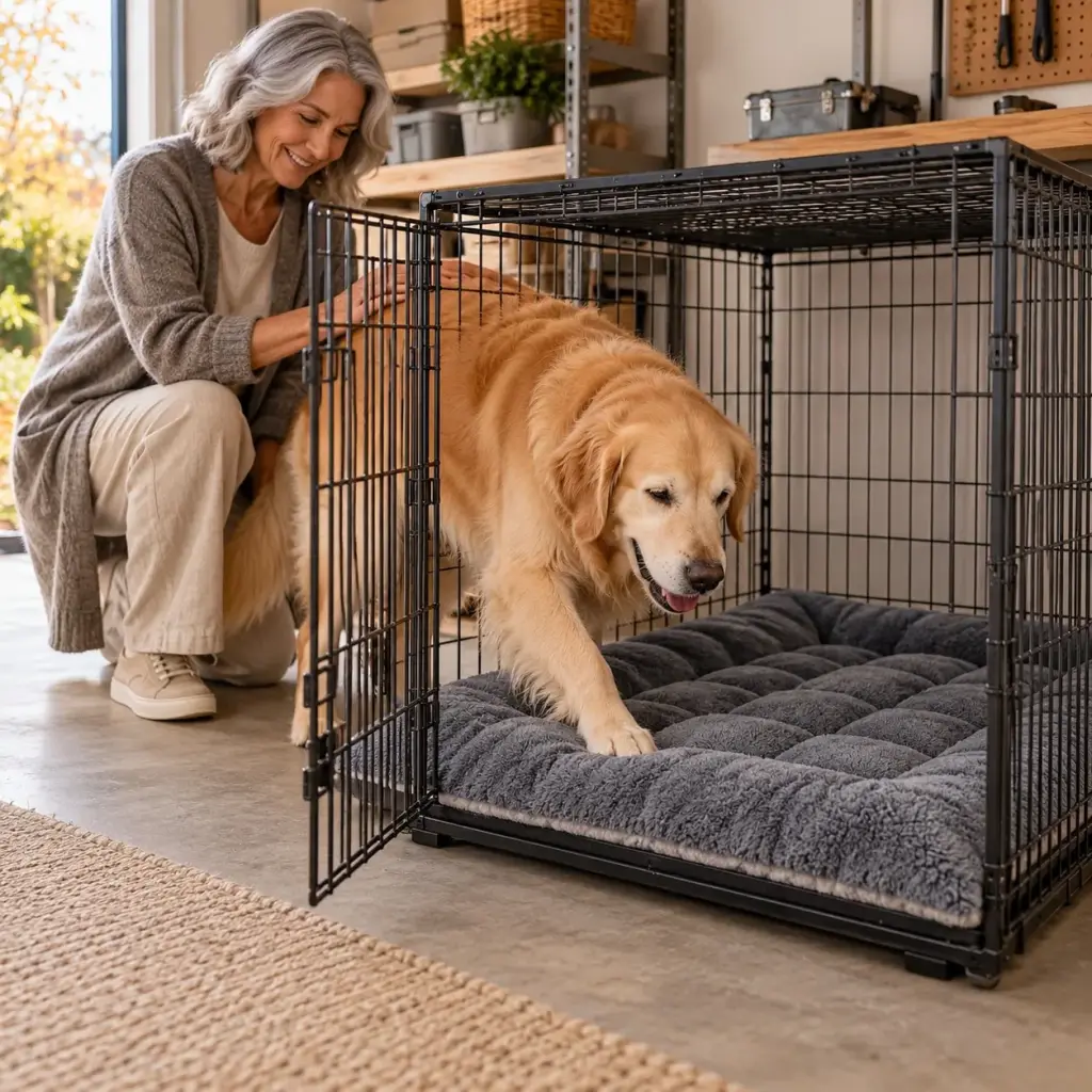 Hundekissen als Einlage in einer offenen Hundebox