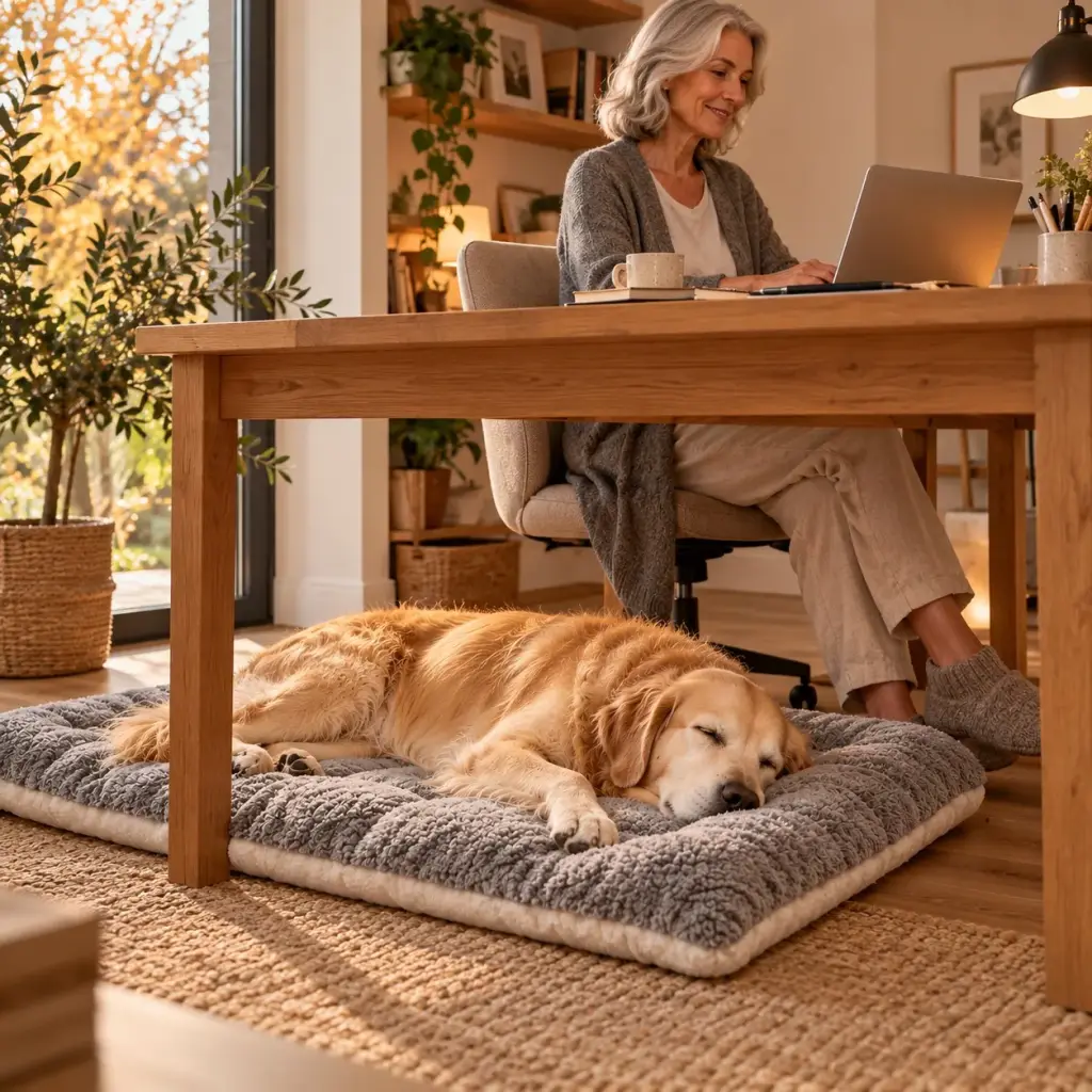 Hund schläft auf dem Kissen unter dem Schreibtisch im Homeoffice