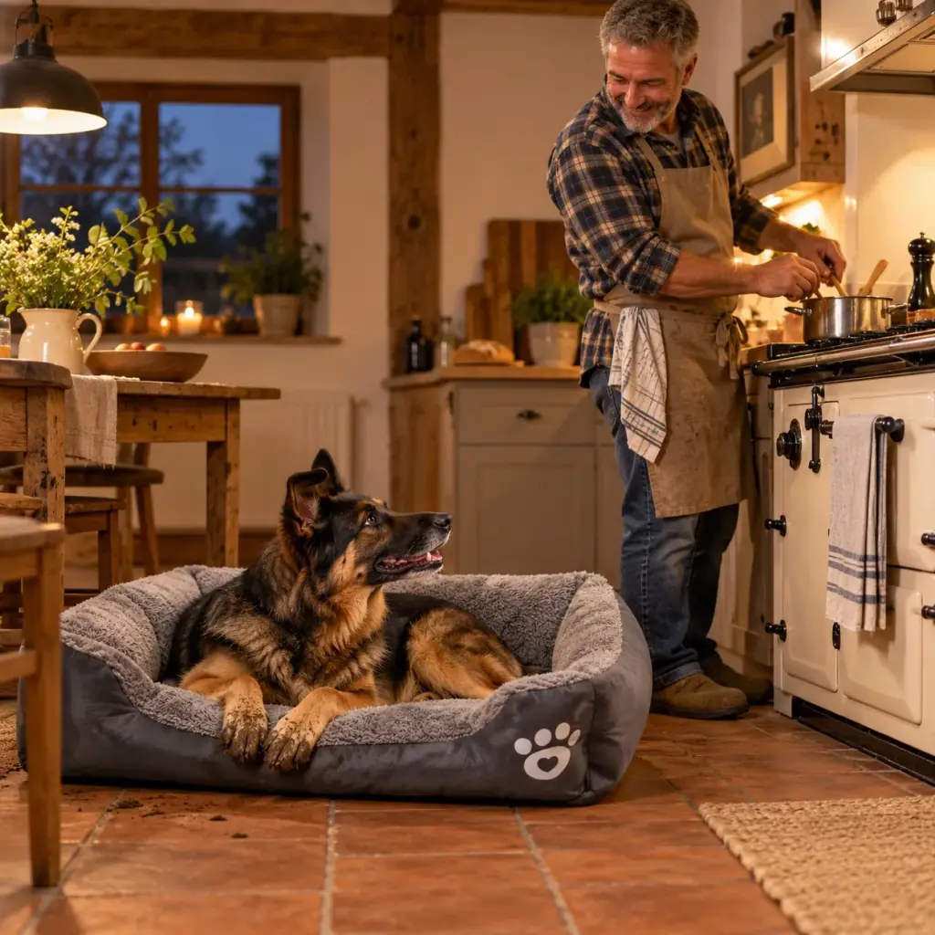 Schäferhund-Mix legt den Kopf auf den Rand seines Hundekörbchens in der Bauernhausküche
