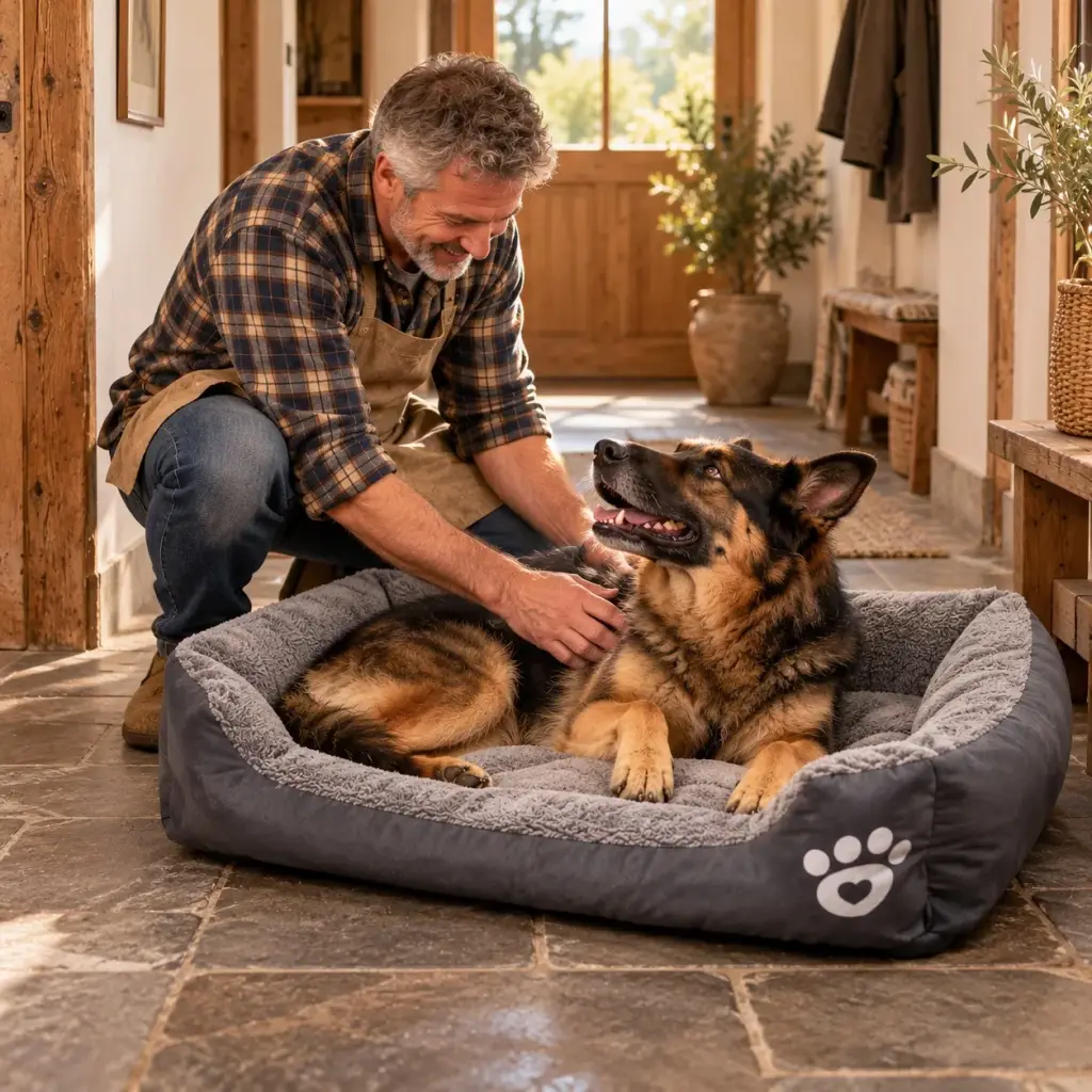 Mann krault seinen Hund im Körbchen im Flur