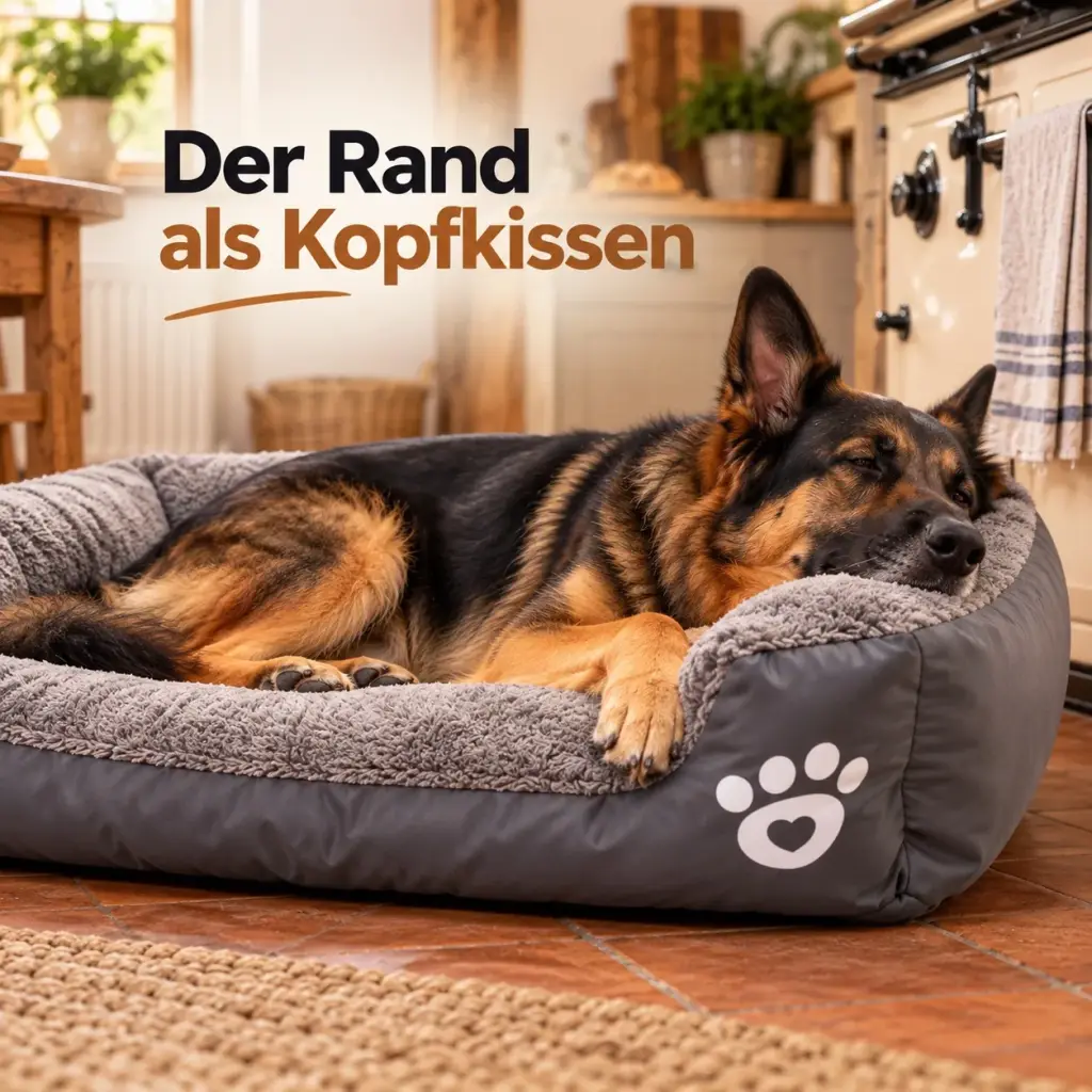 Hund lehnt sich an den hohen Rand des Körbchens