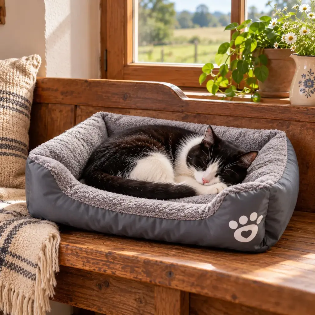 Katze liegt im kleinen Hundekörbchen