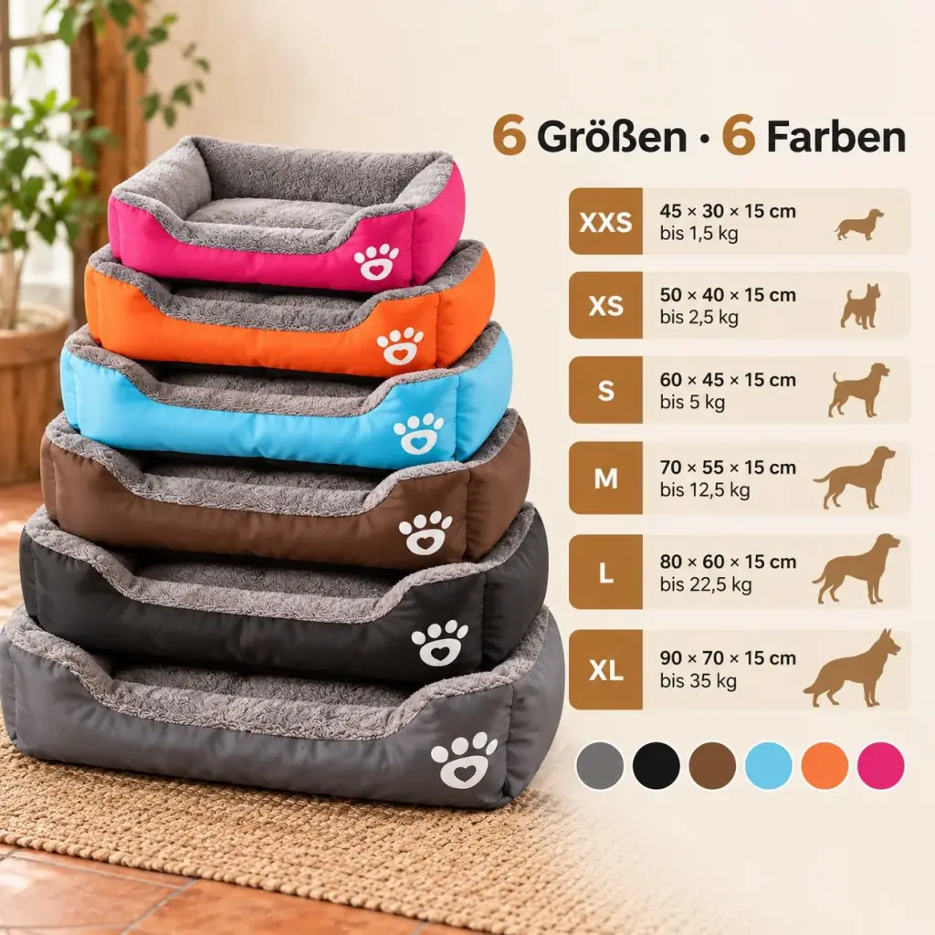 Größentabelle des Hundekörbchens von XXS bis XL