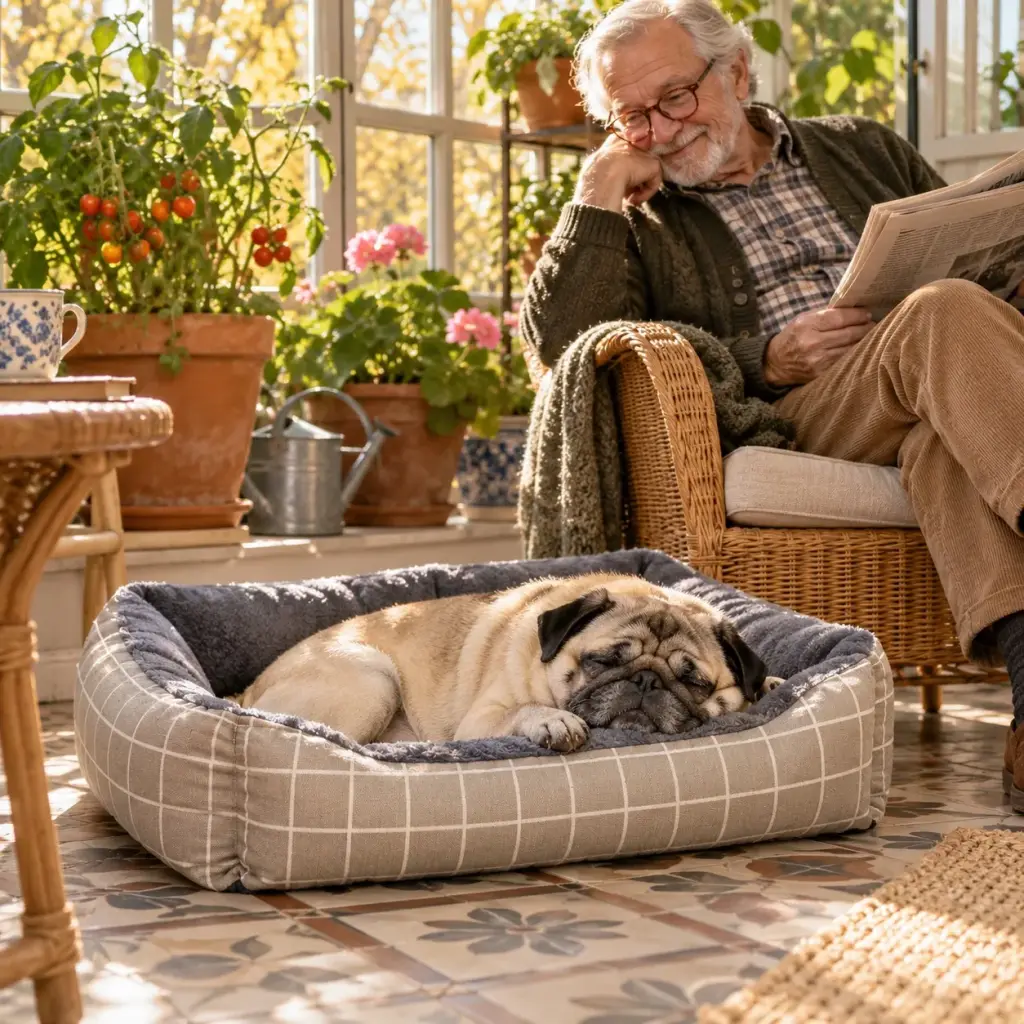 Mops schläft im Hundekorb mit Karomuster im sonnigen Wintergarten