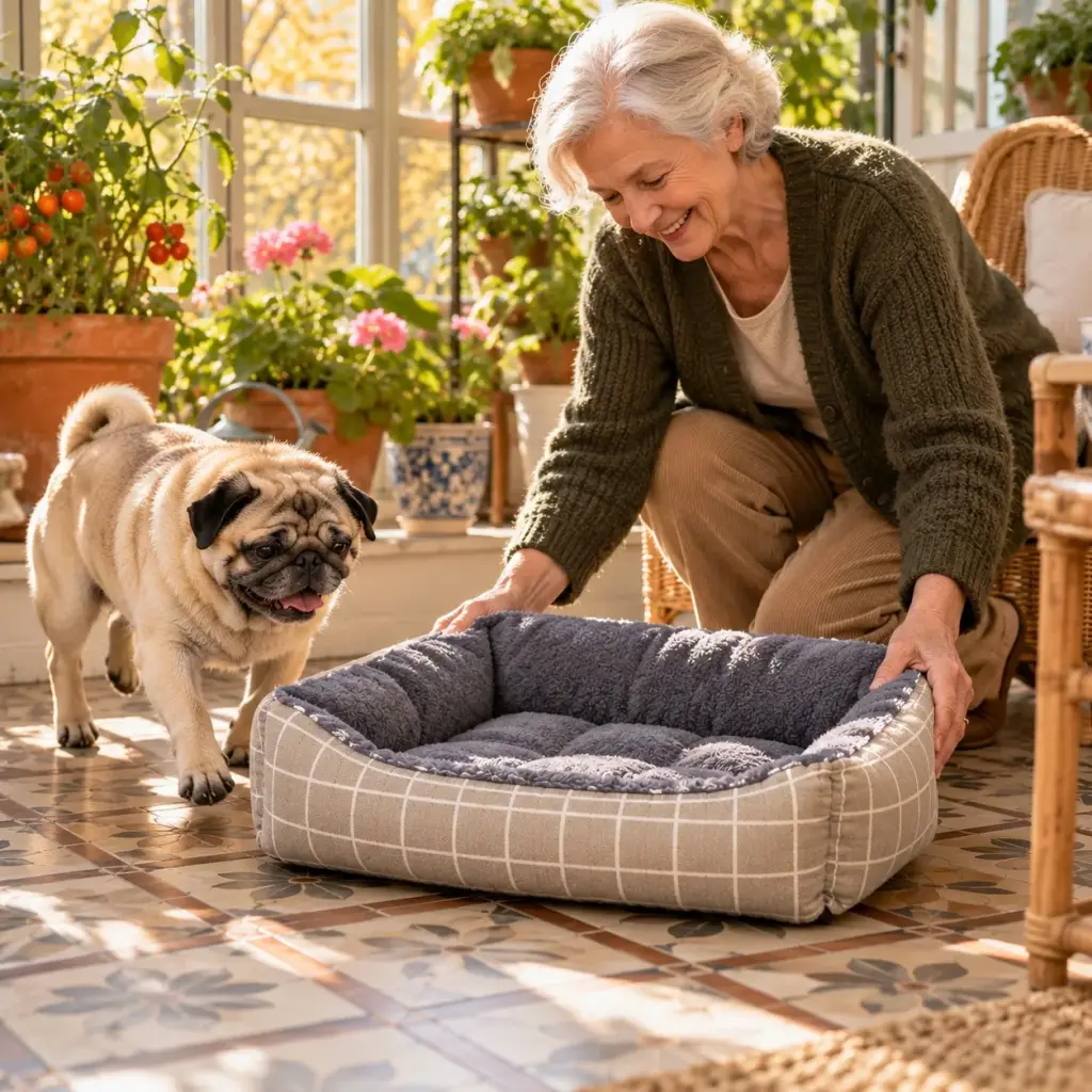 Ältere Frau stellt den Hundekorb auf, ihr Mops schaut zu