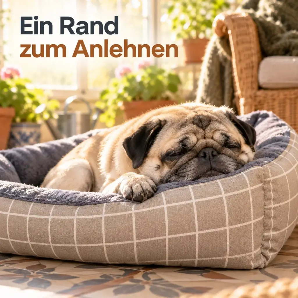 Mops legt den Kopf auf den gepolsterten Rand des Korbs