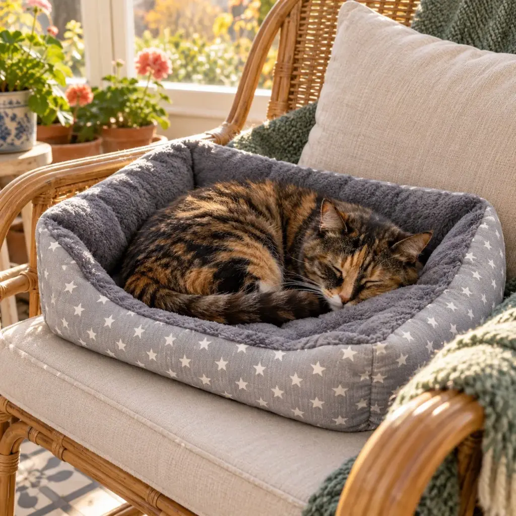 Katze liegt zusammengerollt im kleinen Korb mit Sternen