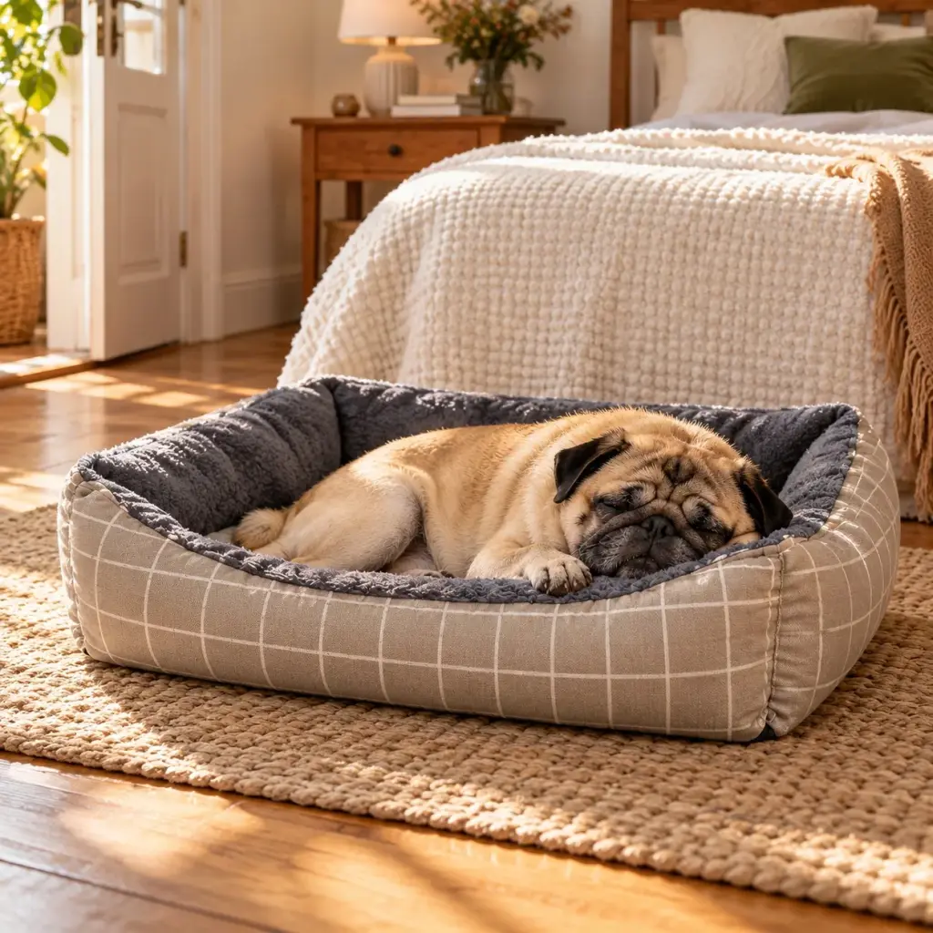 Hundekorb neben dem Bett im Schlafzimmer