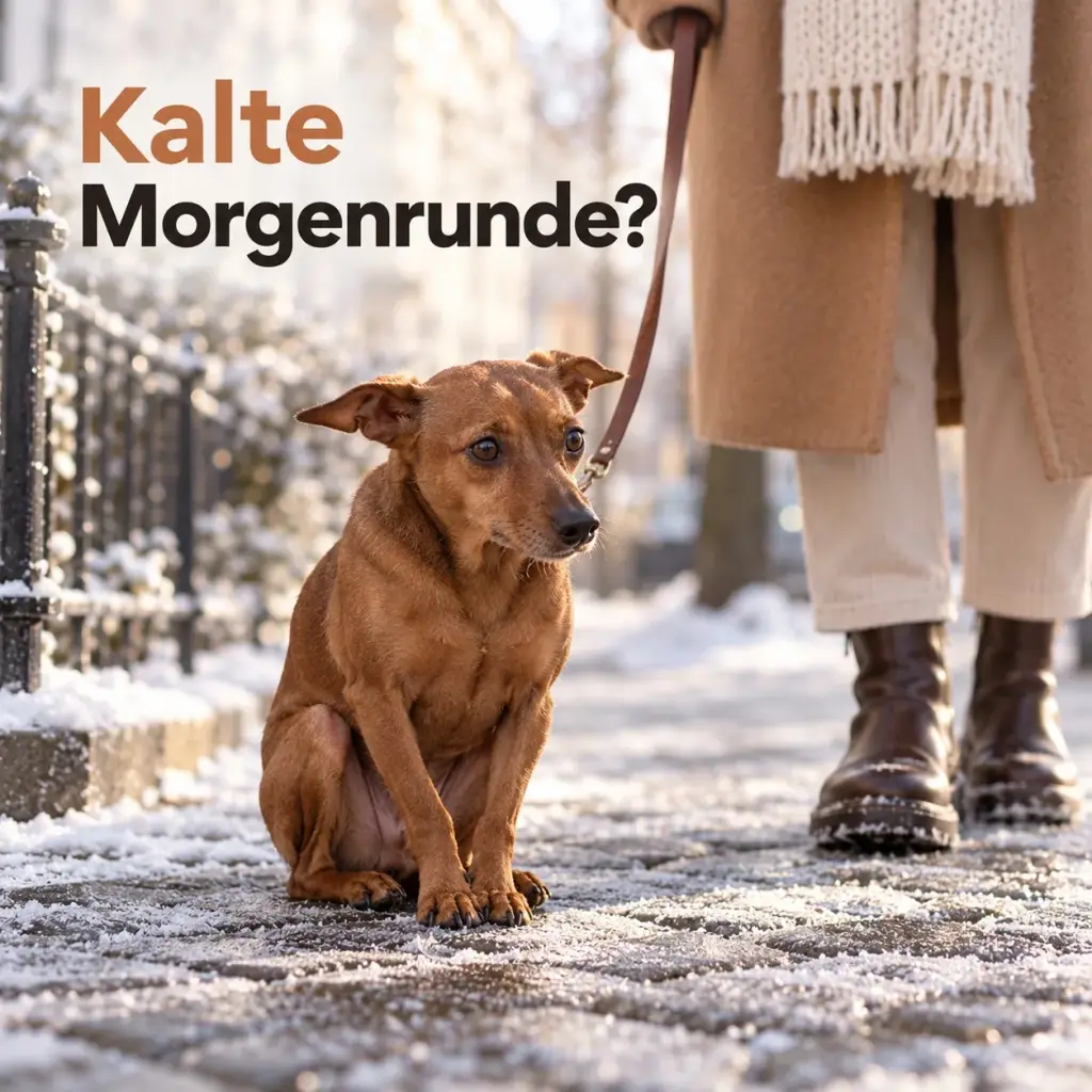 Kleiner Hund zittert an einem frostigen Morgen auf dem Gehweg