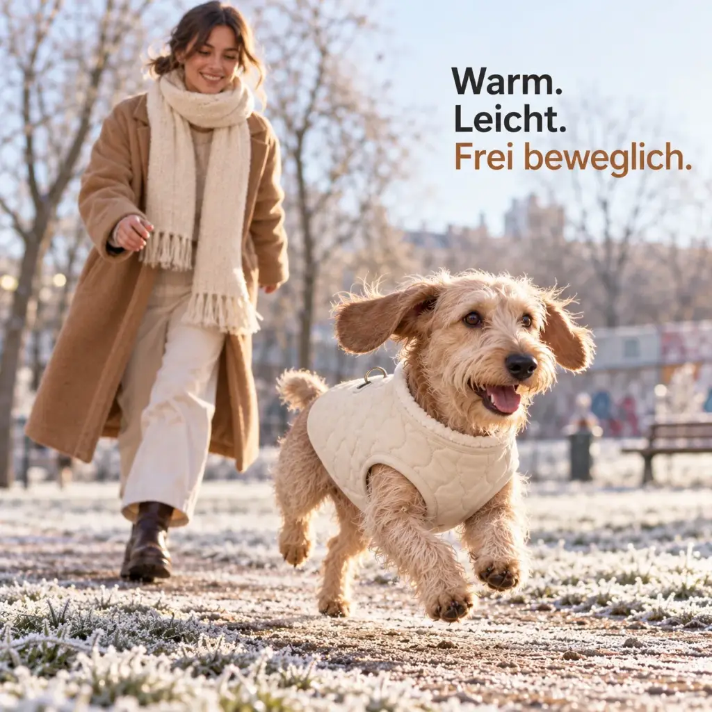 Dackel läuft in der gesteppten Hundeweste über einen raureifbedeckten Parkweg