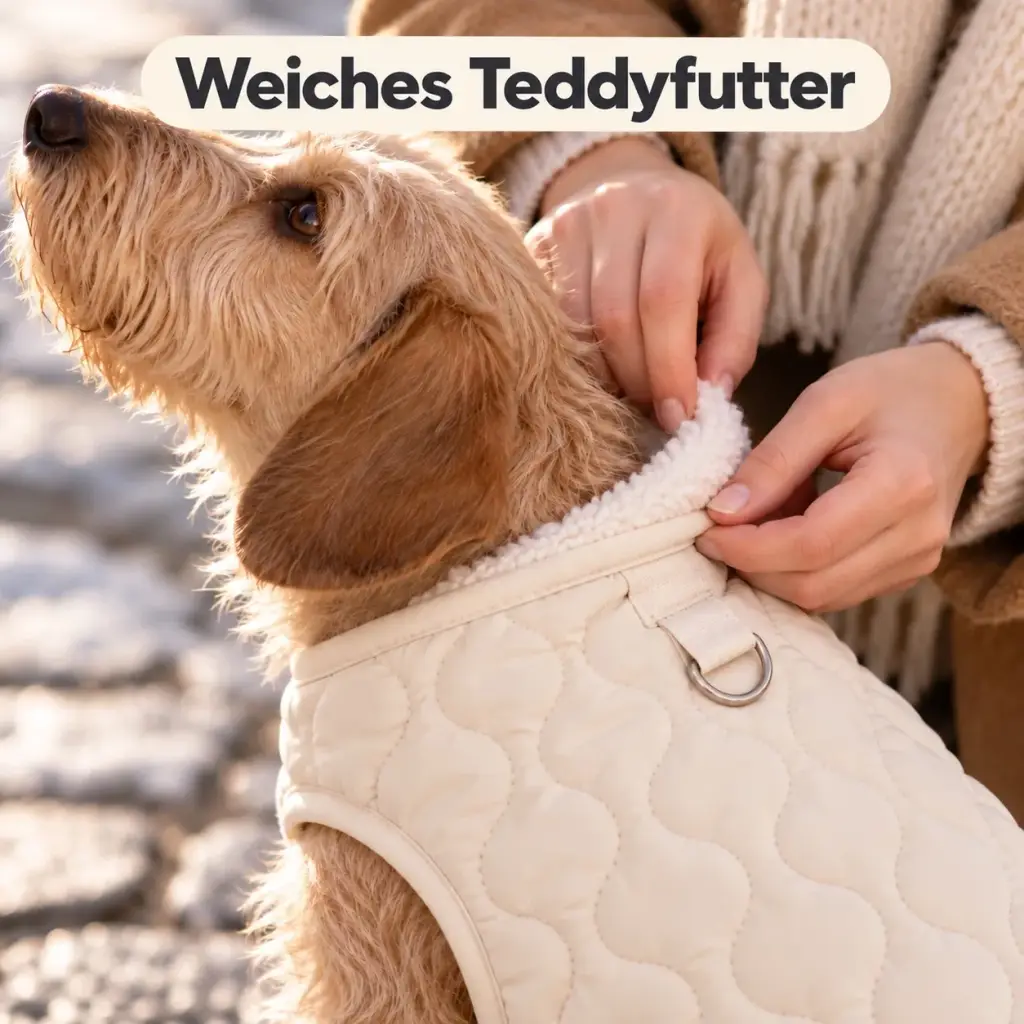 Nahaufnahme des weichen Teddyfutters am Halsausschnitt der Weste
