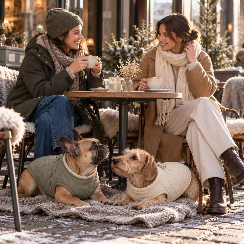 Französische Bulldogge in salbeigrüner Steppweste unter einem Cafétisch