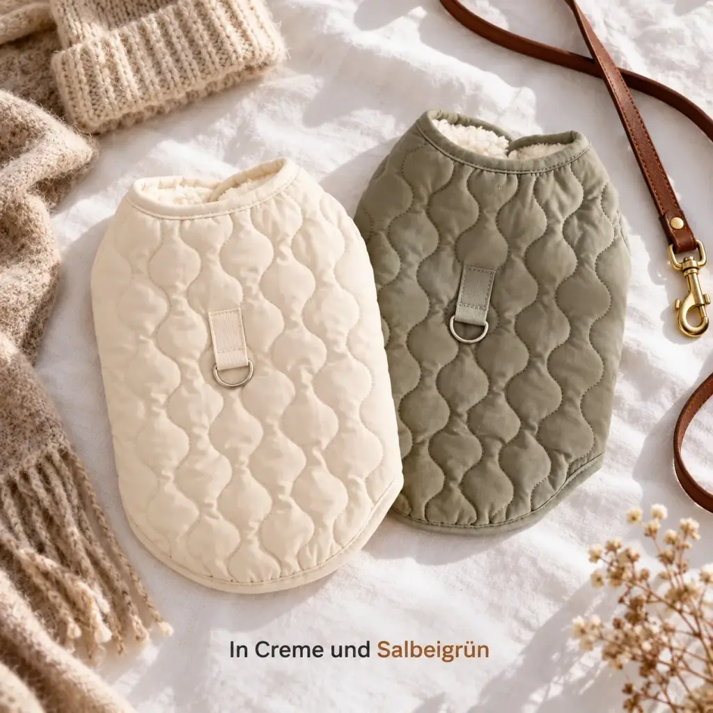 Hundewesten in Creme und Salbeigrün nebeneinander
