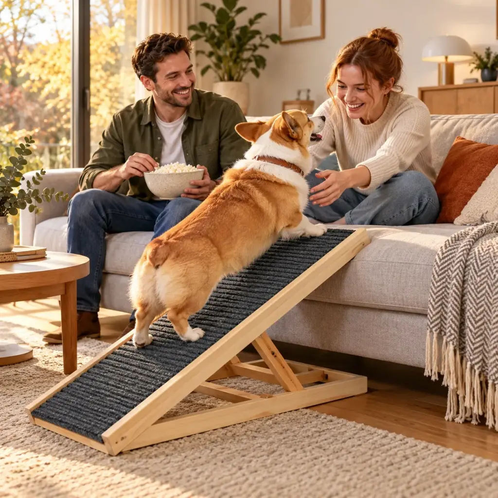 Corgi läuft die Hunderampe hinauf aufs Sofa zu einem jungen Paar