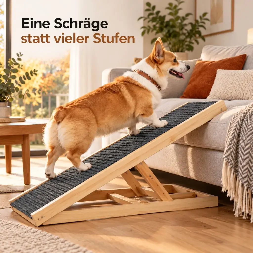 Seitenansicht der Hunderampe am Sofa, ein Corgi läuft die Schräge hinauf