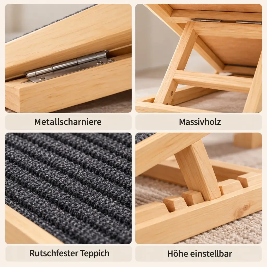 Detailansicht der Hunderampe: Holzrahmen, Metallscharnier, Teppich und Rasten