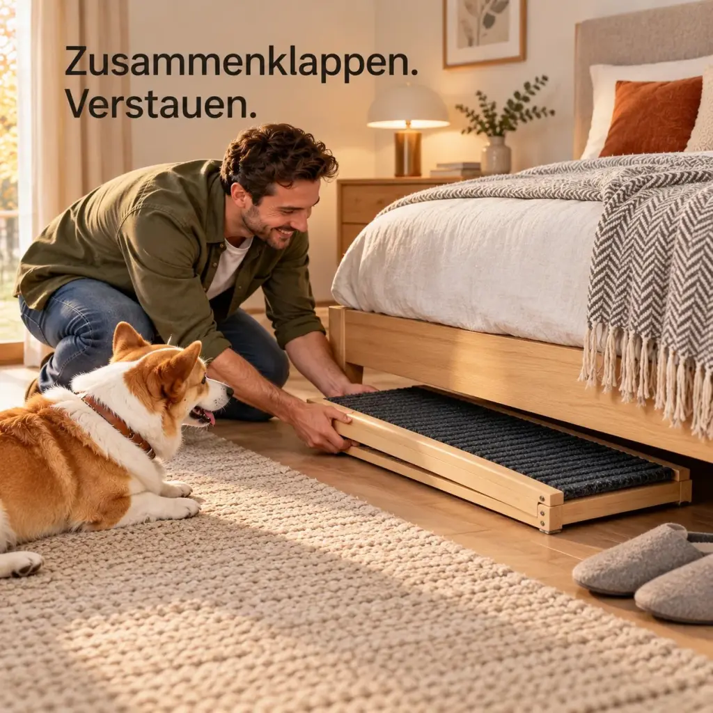 Zusammengeklappte Hunderampe wird unter ein Holzbett geschoben