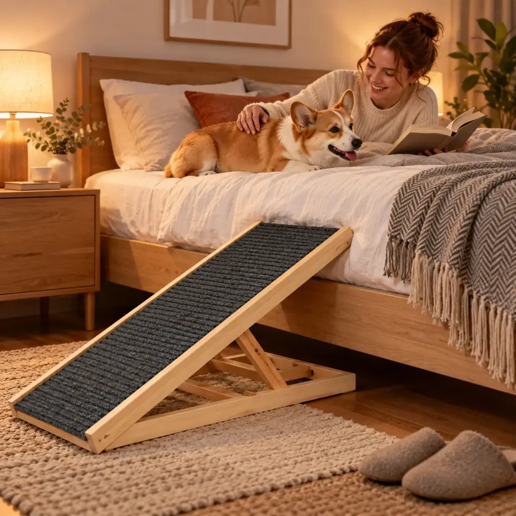 Hunderampe am Bett, der Corgi liegt abends auf der Bettdecke