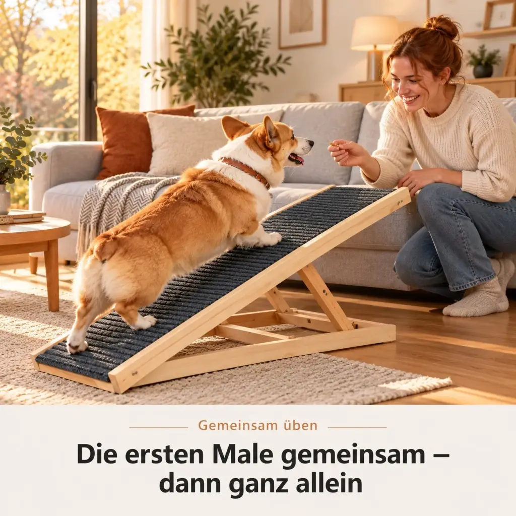 Frau führt den Corgi mit einem Leckerli die Hunderampe hinauf