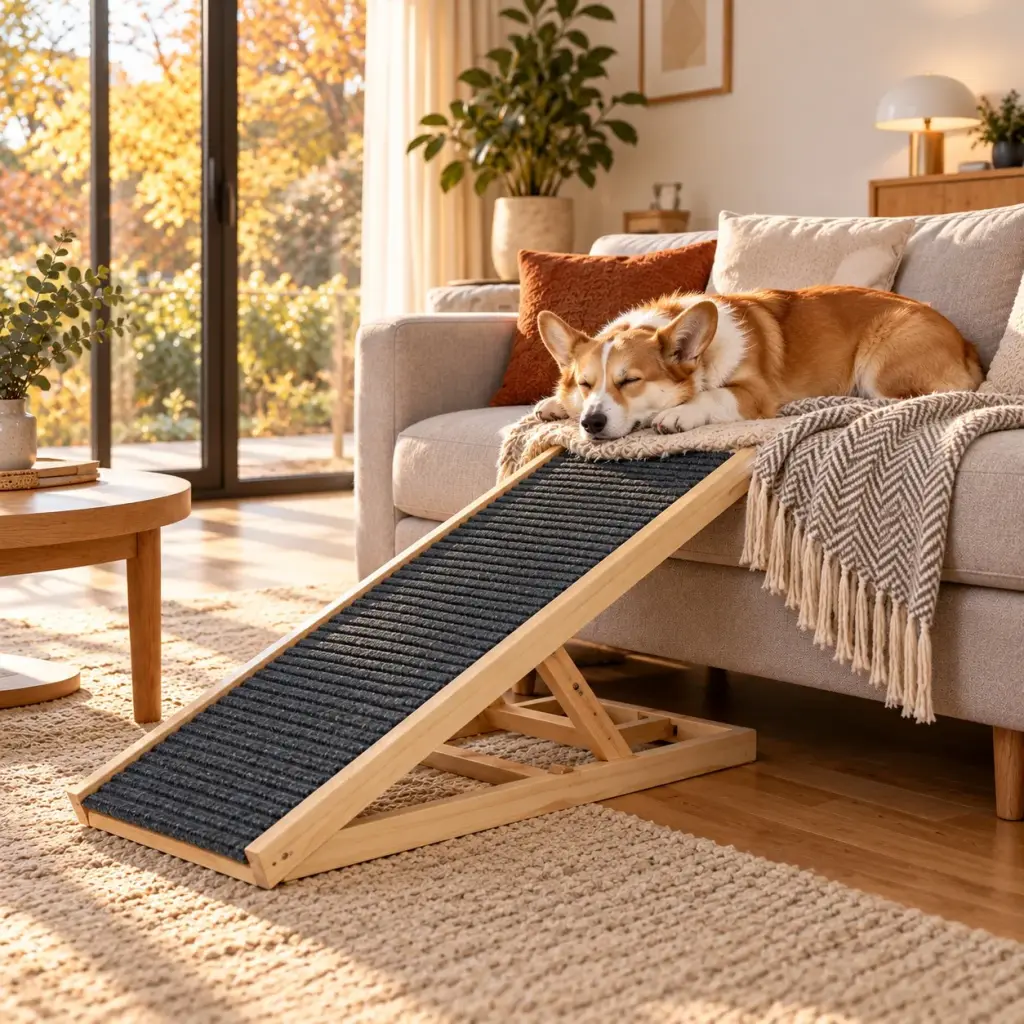 Hunderampe aus Holz in einem skandinavischen Wohnzimmer